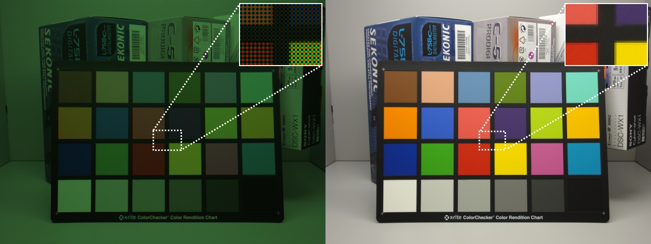 カラーチャート撮像の画像処理前後の比較．左が処理前，右が処理後